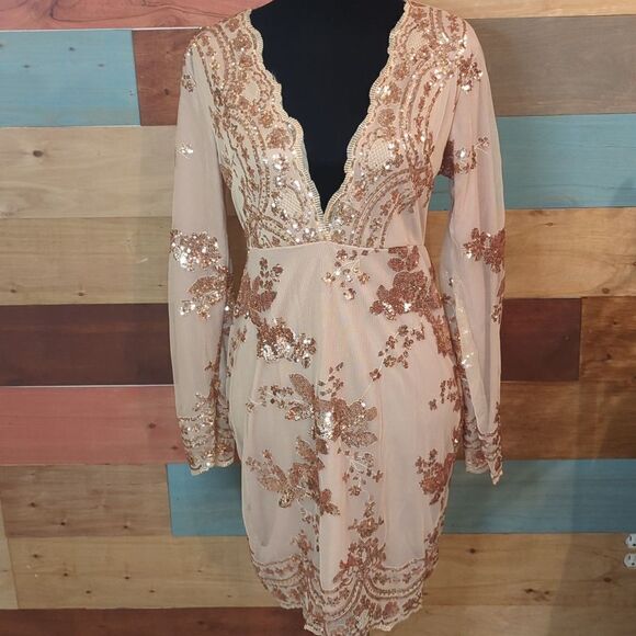 Nwt large sequins deep v back zip long sleeve party dress dance girl fashion - Picture 1 of 6